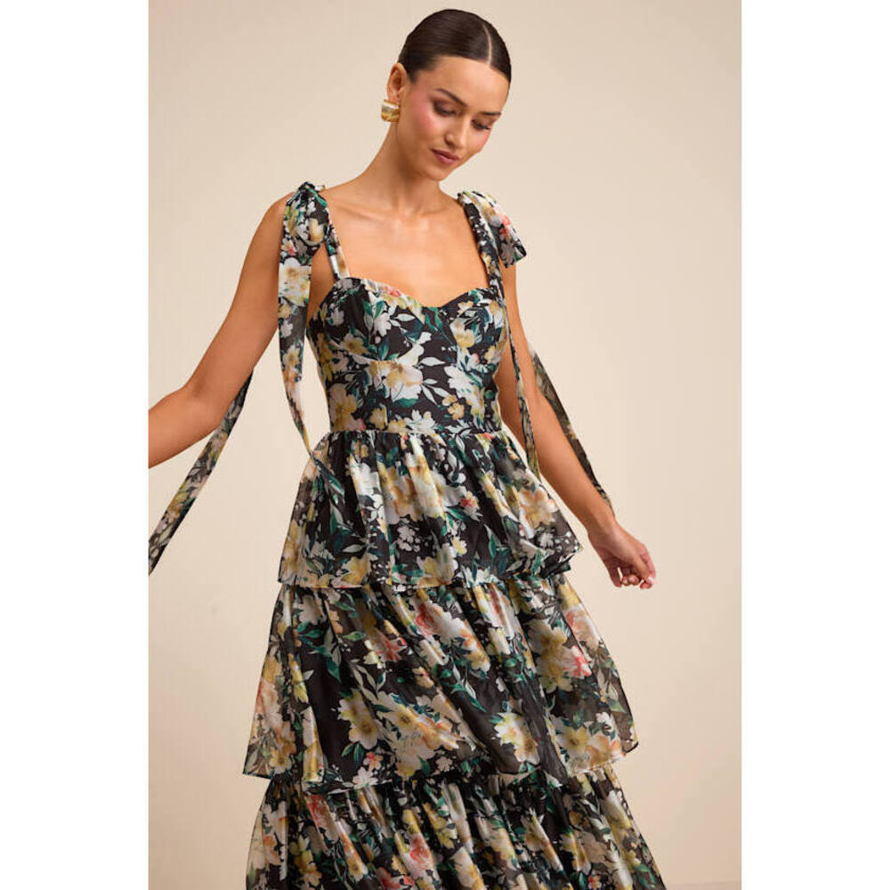 NWT Lulus Svea Black Floral Tiered Tie-strap Midi Dress - Size M